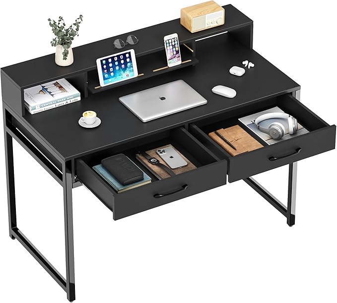 Computer Desk with Drawers, 47" Home Office Desk with Monitor Shelf, Writing Desk with Storage, Gaming Desk Work Desk Study Desk for Bedroom, Black - LeafyLoom