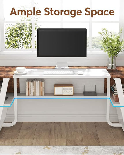 Tribesigns Office Executive Desk, 63 inch Large Computer Desk Writing Desk with Storage Shelf, Modern Simple Workstation Business Furniture for Home Office, White Rustic Brown - LeafyLoom