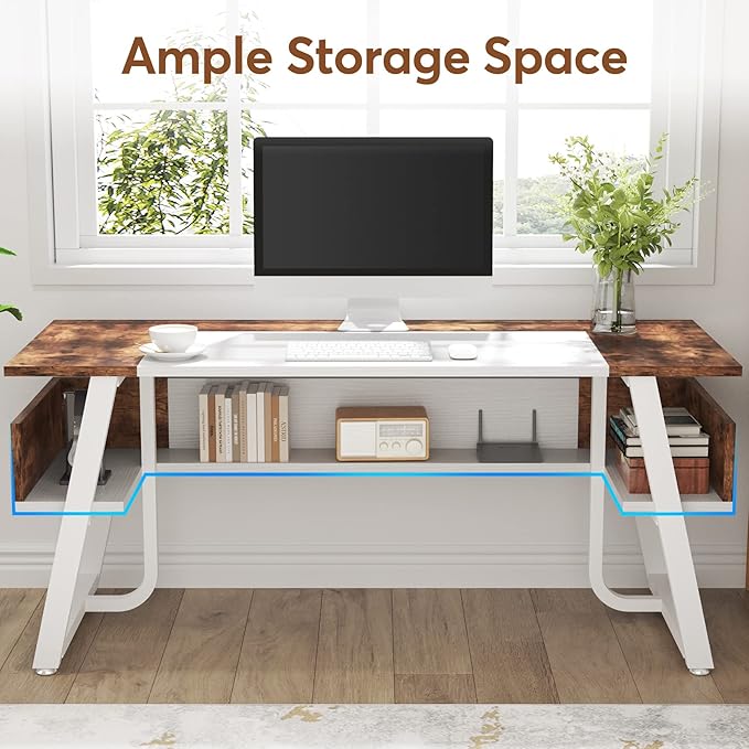 Tribesigns Office Executive Desk, 63 inch Large Computer Desk Writing Desk with Storage Shelf, Modern Simple Workstation Business Furniture for Home Office, White Rustic Brown - LeafyLoom