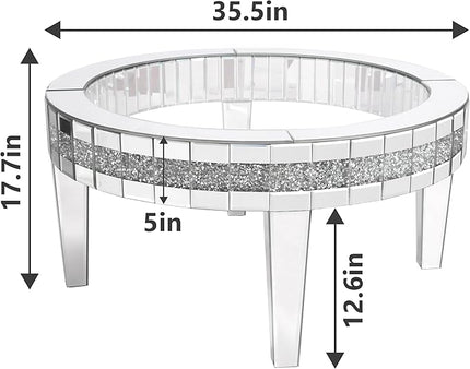 35.5'' Mirrored Round Coffee Table for Living Room, Modern Glass Coffee Table with Crystals Inlay, Silver Accent Table for Home & Office, 1 PC - LeafyLoom