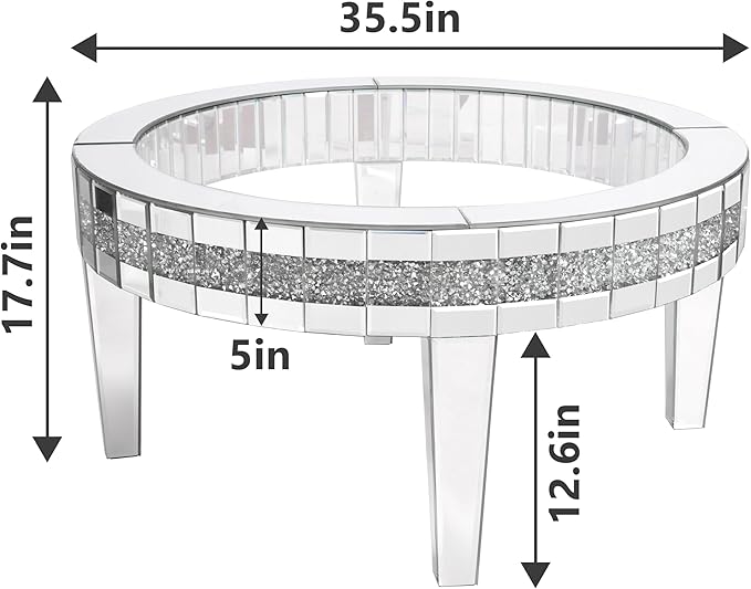 35.5'' Mirrored Round Coffee Table for Living Room, Modern Glass Coffee Table with Crystals Inlay, Silver Accent Table for Home & Office, 1 PC - LeafyLoom
