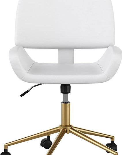 Martha Stewart Tyla Armless Swivel Task Chair for Home Office in White Faux Leather with Polished Brass Frame - LeafyLoom