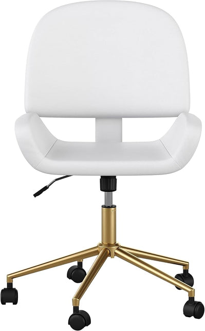 Martha Stewart Tyla Armless Swivel Task Chair for Home Office in White Faux Leather with Polished Brass Frame - LeafyLoom
