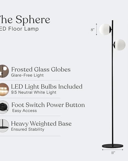 Brightech Sphere - Mid Century Modern 2 Globe Floor Lamp for Living Room Bright Lighting - Contemporary LED Standing Light for Bedrooms & Offices - Black Indoor Pole Light - LeafyLoom