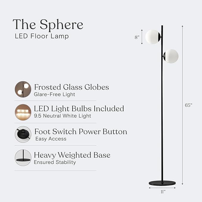 Brightech Sphere - Mid Century Modern 2 Globe Floor Lamp for Living Room Bright Lighting - Contemporary LED Standing Light for Bedrooms & Offices - Black Indoor Pole Light - LeafyLoom