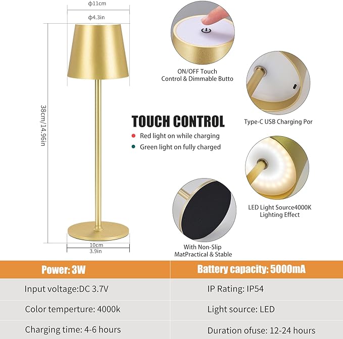 2 Pack Cordless Table Lamp, 5000mAh Portable Rechargeable LED Desk Lamp, 3 Color Modes Stepless Dimming Table Light with Memory Function, for Dinner, Patio, Home, Restaurant.(Gold) - LeafyLoom