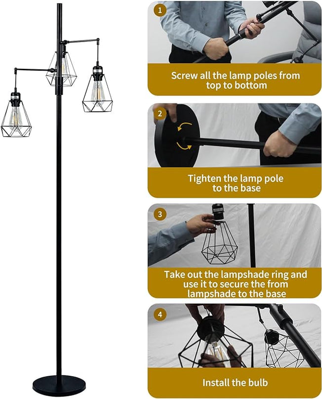 Dimmable Floor Lamp,Industrial Tree Floor Lamp with 3 Birdcage Hanging Cage Heads Up-Down Adjustment Branch Strong Base 69‘‘Tall Vintage Pole Light Great for Farmhouse Rustic Bedroom Office - LeafyLoom