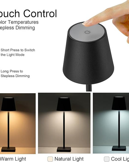 2 Pack Cordless Table Lamp Rechargeable LED Desk Lamp 5200mAh Aluminum Shell Battery Lamps Stepless Dimmable Portable Table Lights for Dinner/Restaurant/Outdoor IP54 Waterproof Black - LeafyLoom