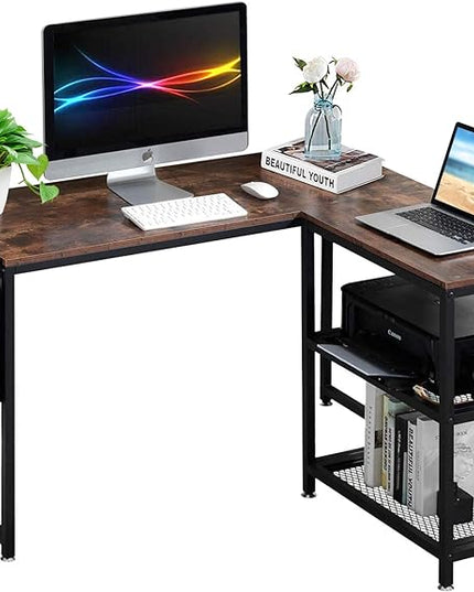 VECELO L Shaped Computer Gaming Corner Desk with Storage Bag and Shelf Home Office Table for Study Writing Room, Small Space Workstation, Easy to Assemble, Brown - LeafyLoom