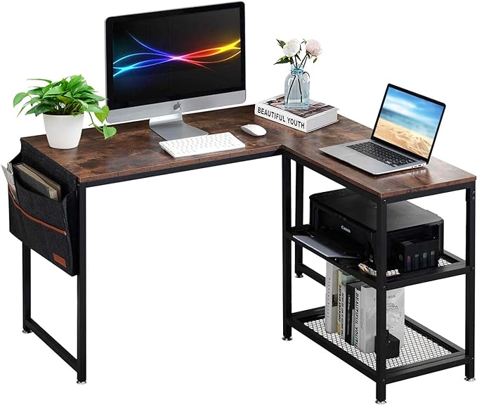 VECELO L Shaped Computer Gaming Corner Desk with Storage Bag and Shelf Home Office Table for Study Writing Room, Small Space Workstation, Easy to Assemble, Brown - LeafyLoom