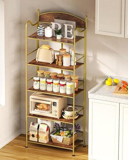 Folding Bookshelf No Assembly, 5 Shelf Gold Folding Bookcase, Industrial Tall Metal Collapsible Corner Book Shelf with Storage Shelves for Bedroom, Living Room, Home Office Organization - LeafyLoom