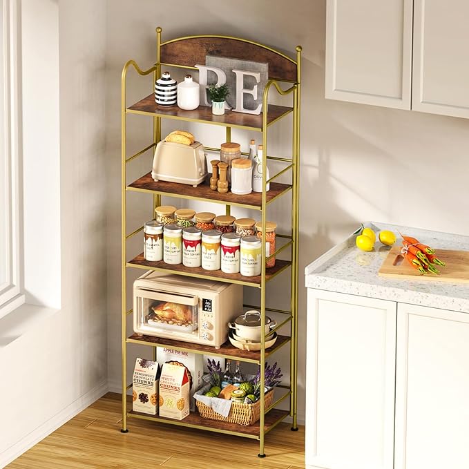 Folding Bookshelf No Assembly, 5 Shelf Gold Folding Bookcase, Industrial Tall Metal Collapsible Corner Book Shelf with Storage Shelves for Bedroom, Living Room, Home Office Organization - LeafyLoom