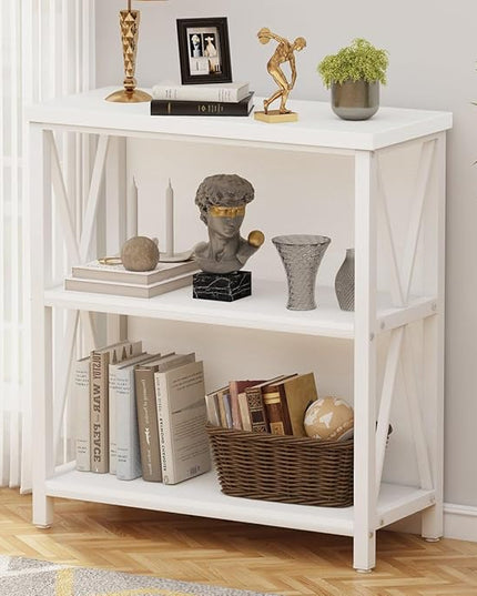 FATORRI Small Bookcase, Bookshelf for Small Space, Short Rustic Bookshelf, Wood and Metal Book Case and Book Shelf (White Oak) - LeafyLoom