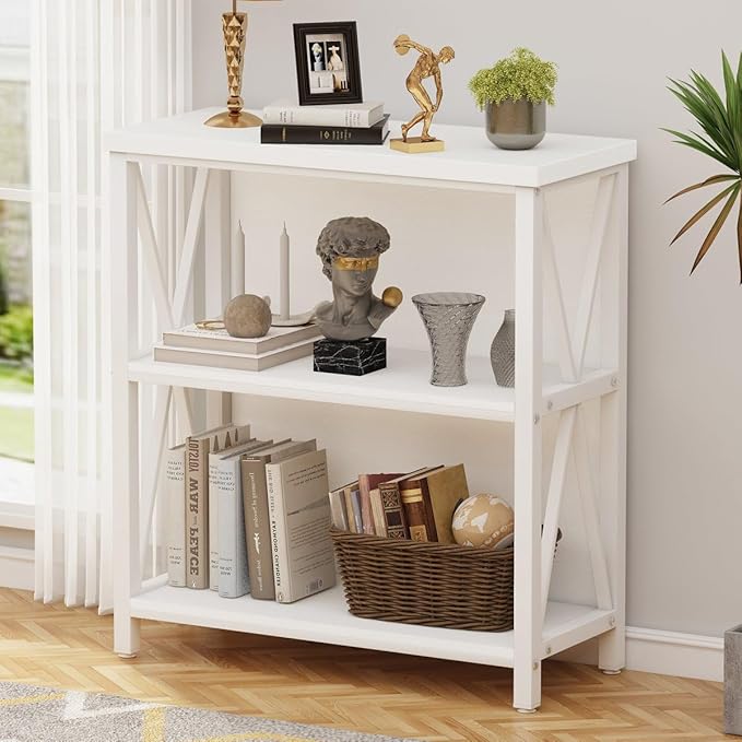 FATORRI Small Bookcase, Bookshelf for Small Space, Short Rustic Bookshelf, Wood and Metal Book Case and Book Shelf (White Oak) - LeafyLoom