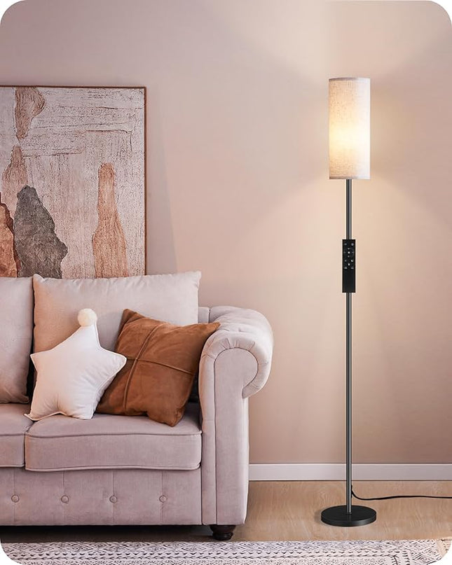 Dimmable Floor Lamp for Living Room, Corner Floor Lamp with Remote, 66'' Standing Tall Lamp, Linen Lampshade, 10W 800LM LED Bulb for Bedroom Study, FCC Listed Black and White W06LD05 - LeafyLoom