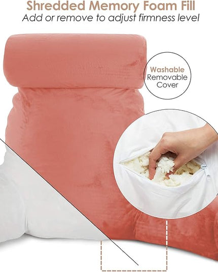 Clara Clark Reading Pillow, Large Back Pillow for Sitting Up in Bed, Memory Foam Back Support Pillow, Reading Pillows for Sitting in Bed Adult, Misty Rose Sit Up Pillow for Bed with Arms and Pockets - LeafyLoom