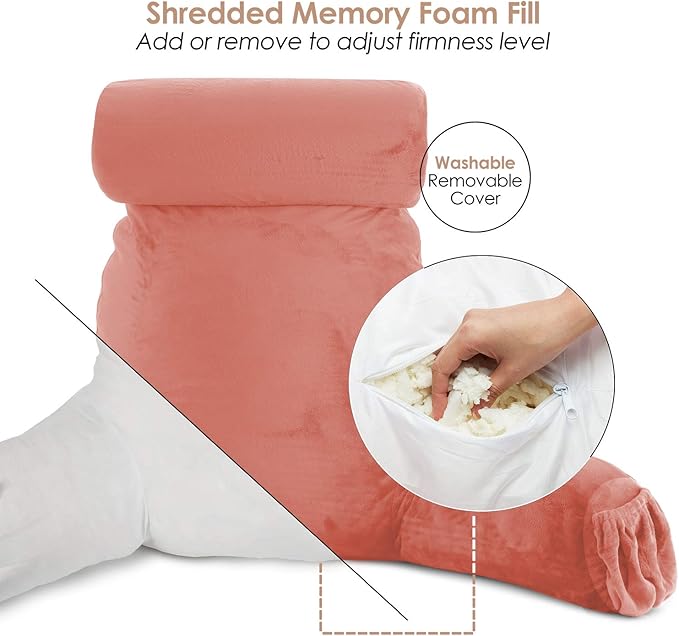 Clara Clark Reading Pillow, Large Back Pillow for Sitting Up in Bed, Memory Foam Back Support Pillow, Reading Pillows for Sitting in Bed Adult, Misty Rose Sit Up Pillow for Bed with Arms and Pockets - LeafyLoom