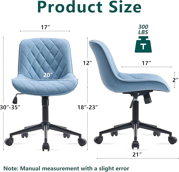 YOUNUOKE Office Chair Desk Chair with Wheels, Thick Upholstery Armless Computer Chair, Small Cute Office Chair Faux Leather Swivel Desk Chairs Task Chairs, Blue - LeafyLoom