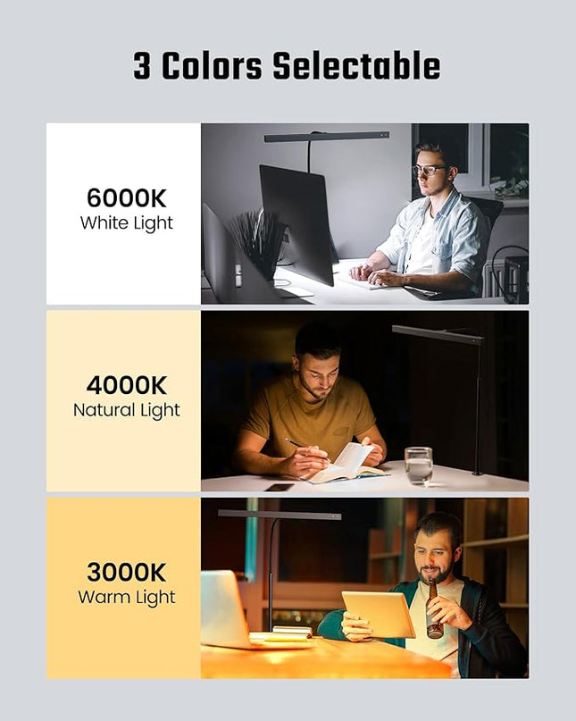 SUPERDANNY LED Desk Lamp for Office Home, Eye-Caring Desk Light with Adjustable Gooseneck, 12W Touch Control Dimmable Brightness, Architect Clamp Lamp with USB Adapter for Reading Study Workbench - LeafyLoom