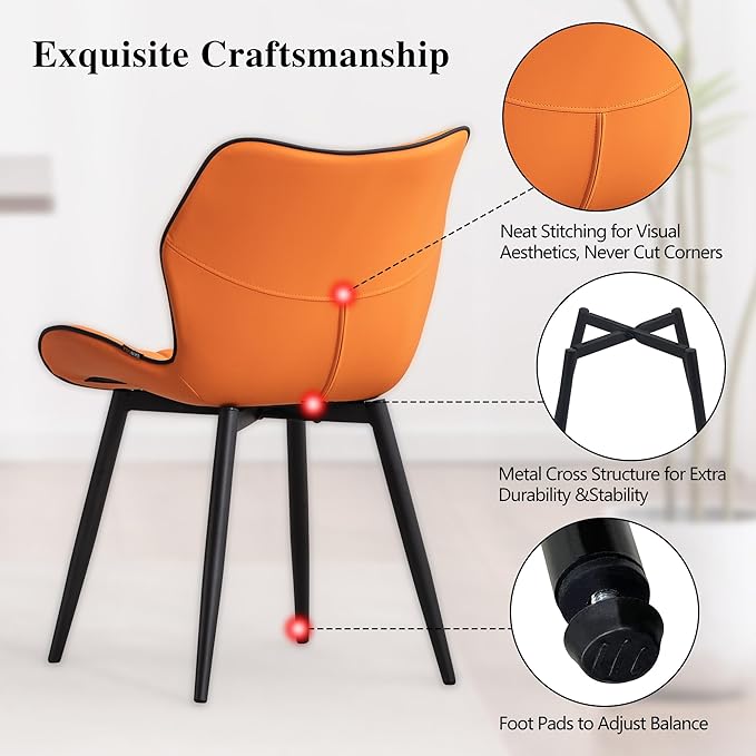 YOUNIKE Dining Chairs, Upholstered Faux Leather Kitchen Dining Room Chairs Set of 2, Modern Living Room Bedroom Side Chairs with Curved Wing Back and Adjustable Metal Legs, Orange - LeafyLoom