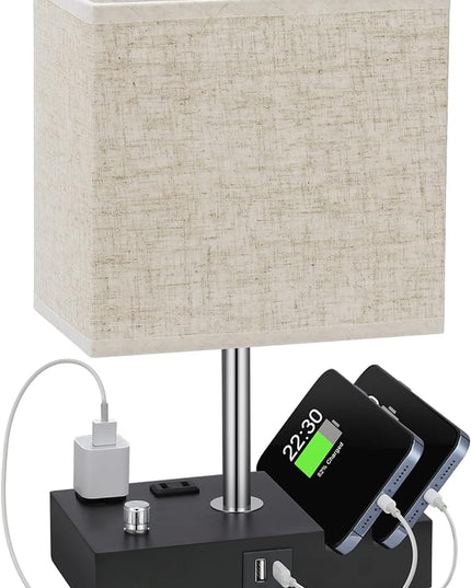 Kakanuo Table Lamp for Bedroom with Dual USB Ports, Beige Fully Dimmable Bedside Lamp with Phone Stands and 2 Charging Outlets, Desk Lamp for Nightstand and Living Room, LED Bulb Included - LeafyLoom