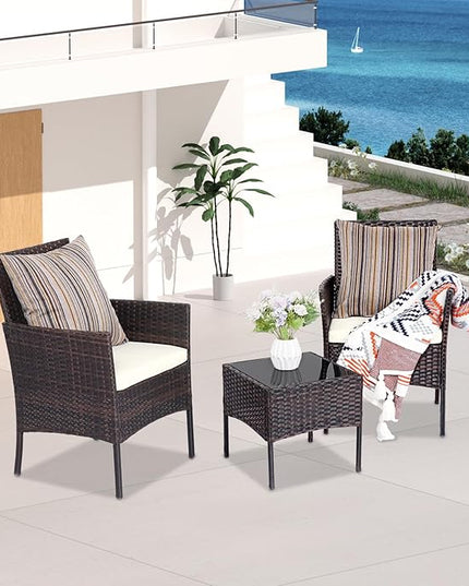Patio Set 3 Piece Outdoor Rattan Porch Furniture with Tempered Glass Side Table & Cushion All Weather Conversation Bistro Set for Balcony,Deck,Porch (Brown/Beige) - LeafyLoom