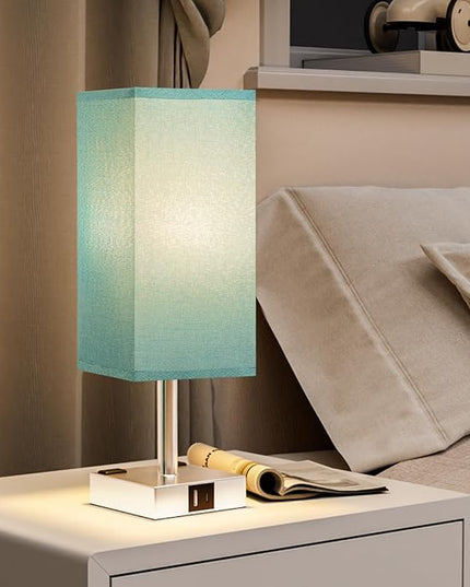Touch Bedside Table Lamp For Nightstand - 3-Way Dimmable Night Lamp with USB A + Type C Charging Ports and two AC Outlets, Small Desk Light with E26 Bulb for Bedroom Living Room Dorm, Turquoise - LeafyLoom