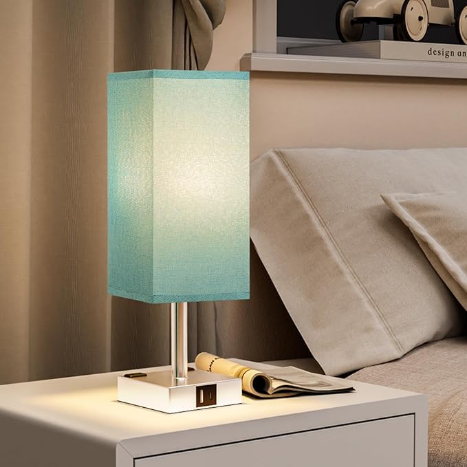 Touch Bedside Table Lamp For Nightstand - 3-Way Dimmable Night Lamp with USB A + Type C Charging Ports and two AC Outlets, Small Desk Light with E26 Bulb for Bedroom Living Room Dorm, Turquoise - LeafyLoom