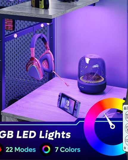 Bestier Gaming Desk with Drawer and LED Lights, 48 inch Computer Desk PC Table with Adjustable Storage Shelves & Hook for Home Office, Light Grey - LeafyLoom