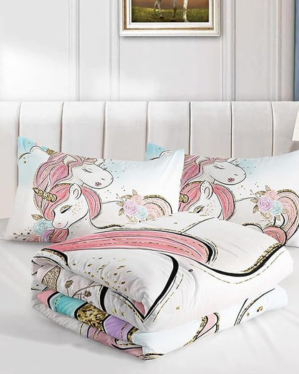 CVHOUSE Unicorn Bedding Twin Size,Unicorn Bedding Set for Girls Kids,Cute Unicorn Comforter Set Chrismas Duvet Set Unicorn Quilt Set Girls Room Decor 3 Pieces - LeafyLoom