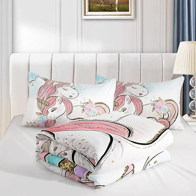 CVHOUSE Unicorn Bedding Twin Size,Unicorn Bedding Set for Girls Kids,Cute Unicorn Comforter Set Chrismas Duvet Set Unicorn Quilt Set Girls Room Decor 3 Pieces - LeafyLoom