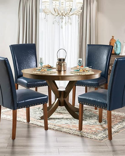 Parsons Dining Chairs Set of 6, Upholstered Nailhead PU Leather Dining Room Kitchen Side Chair with Thick Cushions and Wood Legs, Blue - LeafyLoom