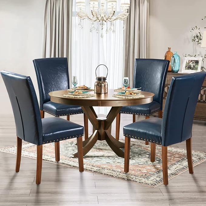 Parsons Dining Chairs Set of 6, Upholstered Nailhead PU Leather Dining Room Kitchen Side Chair with Thick Cushions and Wood Legs, Blue - LeafyLoom