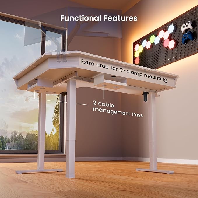 ErGear 65'' L Shaped Standing Desk for Gaming, [3 Drawers & 2 Cable Management Trays] Corner Stand up Desk [Compatible w/C-Clamp Mount] Height Adjustable for Home Office, White - LeafyLoom