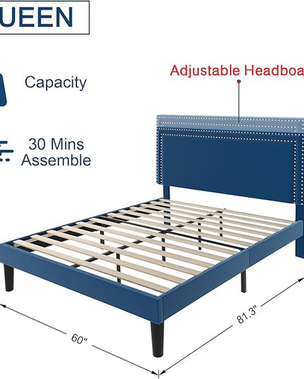 VECELO Queen Size Platform Bed Frame with Height Adjustable Upholstered Headboard, Modern Mattress Foundation,Strong Wood Slat Support, No Box Spring Needed, Easy Assembly - LeafyLoom