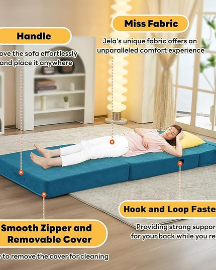 jela Sofa Bed Foldable Mattress Luxury Miss Fabric, Folding Sleeper Sofa Chair Bed Floor Mattress Floor Couch, Fold Out Couch Futon Mattress for Guest Room, Living Room (83"x33",Lightblue) - LeafyLoom