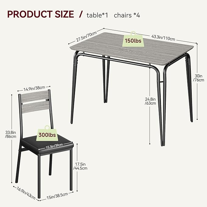 Dining Table for 4, Small Table and Chairs Set of 4, Square Dinette Set for 4, Dinner Table Set, 5 Piece Kitchen & Dining Room Sets for Small Space, Apartment (Gray, Dining Table with 4 Chairs) - LeafyLoom