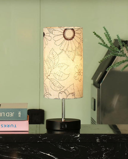 Touch Control Desk Lamp with 2 USB Ports, 3-Way Dimmable Bedside Lamp for Bedroom, Nightstand Lamp with Round Flower Fabric Shade for Living Room, Home Office (secret-double) - LeafyLoom