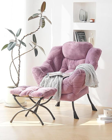 Plush Lazy Chair and Ottoman, Large Contemporary Accent Lounge Chair with Armrests and a Side Pocket, Modern Leisure Upholstered Sofa Reading Armchair with Footrest for Bedroom, Living Room - LeafyLoom
