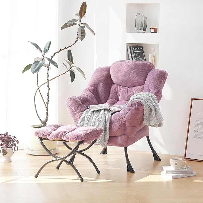 Plush Lazy Chair and Ottoman, Large Contemporary Accent Lounge Chair with Armrests and a Side Pocket, Modern Leisure Upholstered Sofa Reading Armchair with Footrest for Bedroom, Living Room - LeafyLoom