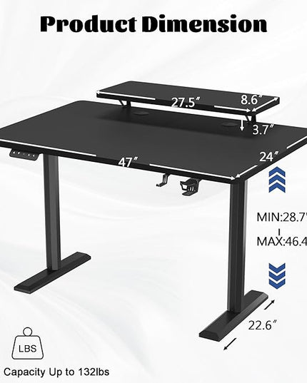 Electric Standing Desk with Monitor Shelf, 47 x 24 Inches Height Adjustable Corner Table, Computer Workstation with Cup Holder and Hook for Home Office, Black, 47x24 Inch - LeafyLoom