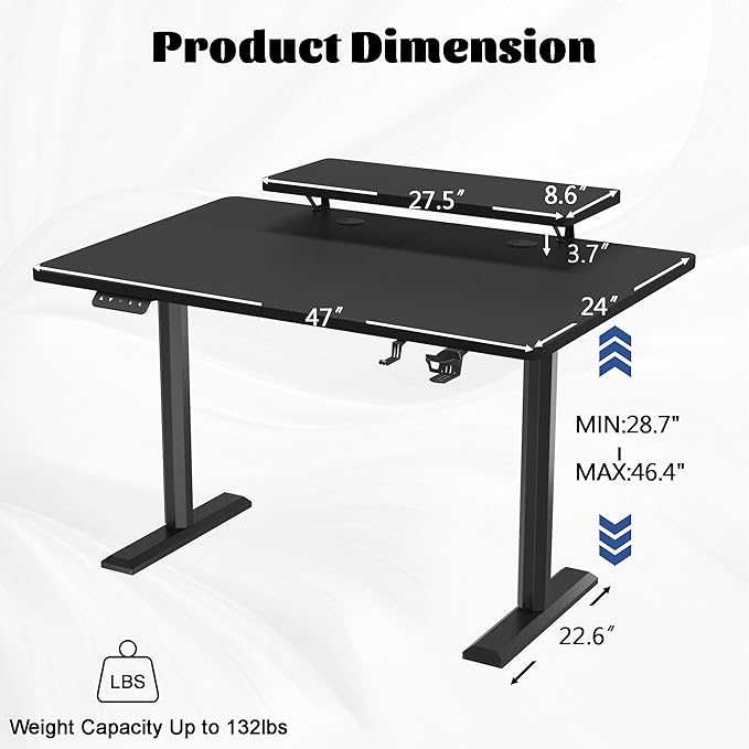 Electric Standing Desk with Monitor Shelf, 47 x 24 Inches Height Adjustable Corner Table, Computer Workstation with Cup Holder and Hook for Home Office, Black, 47x24 Inch - LeafyLoom