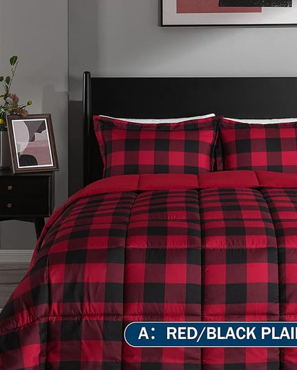 downluxe Lightweight Plaid Comforter Set (King) with 2 Pillow Shams - 3-Piece Set - Red/Black Plaid - Down Alternative Reversible Comforter - LeafyLoom