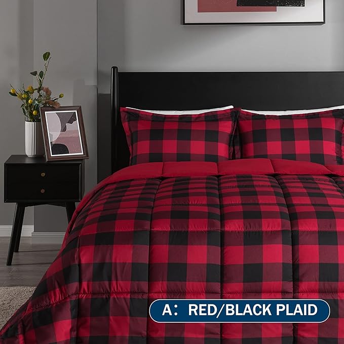 downluxe Lightweight Plaid Comforter Set (King) with 2 Pillow Shams - 3-Piece Set - Red/Black Plaid - Down Alternative Reversible Comforter - LeafyLoom