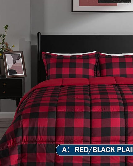 downluxe Lightweight Plaid Comforter Set (Twin) with 1 Pillow Sham - 2-Piece Set - Red/Black Plaid - Down Alternative Reversible Comforter - LeafyLoom