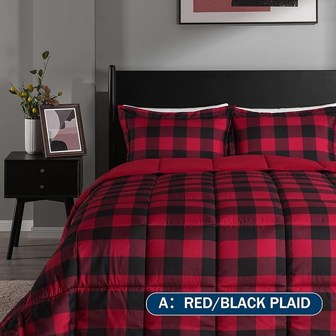 downluxe Lightweight Plaid Comforter Set (Twin) with 1 Pillow Sham - 2-Piece Set - Red/Black Plaid - Down Alternative Reversible Comforter - LeafyLoom