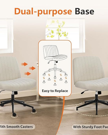 Sweetcrispy Criss Cross Office Chair with Wheels, Wide Armless Home Office Desk Chair with Dual-Purpose Base, Swivel Adjustable Fabric Task Vanity Computer Chair, Beige - LeafyLoom
