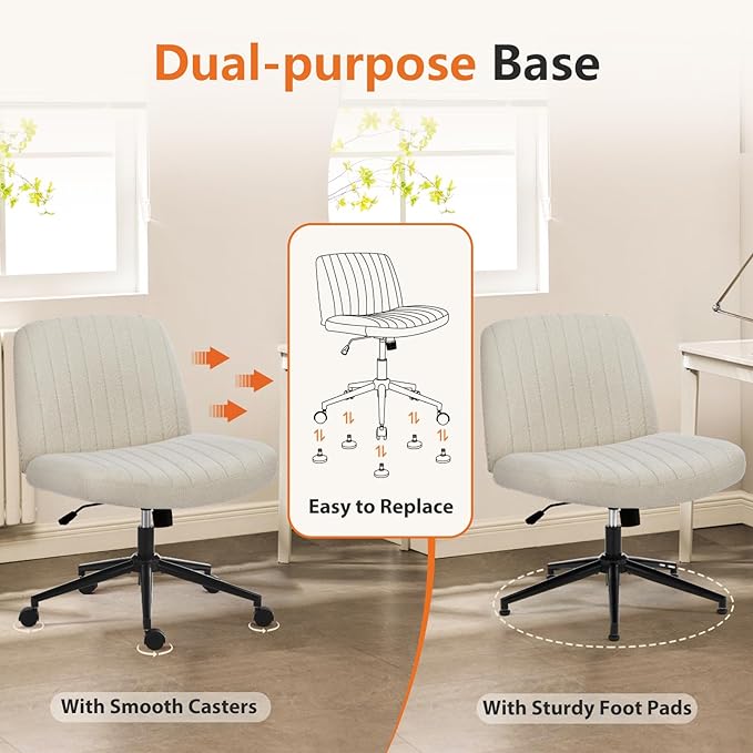 Sweetcrispy Criss Cross Office Chair with Wheels, Wide Armless Home Office Desk Chair with Dual-Purpose Base, Swivel Adjustable Fabric Task Vanity Computer Chair, Beige - LeafyLoom