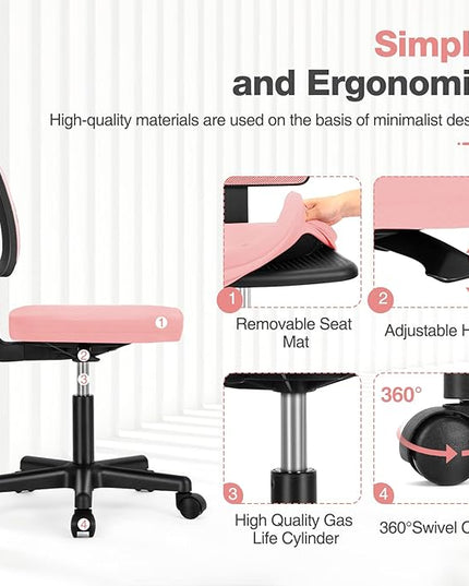 Sweetcrispy Office Computer Desk Chair, Ergonomic Low-Back Mesh Rolling Work Swivel Chairs with Wheels, Armless Comfortable Seat Lumbar Support for Home,Bedroom,Study,Student,Adults, Pink - LeafyLoom