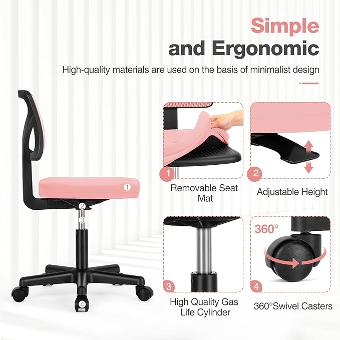 Sweetcrispy Office Computer Desk Chair, Ergonomic Low-Back Mesh Rolling Work Swivel Chairs with Wheels, Armless Comfortable Seat Lumbar Support for Home,Bedroom,Study,Student,Adults, Pink - LeafyLoom